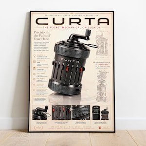 Op de afbeelding: Een verticale poster met een zwarte mechanische Curta-zakrekenmachine in het midden. De poster bevat technische diagrammen, historische feiten en tekst zoals Curta The Pocket Mechanical Calculator, Precision in the Palm of Your Hand.