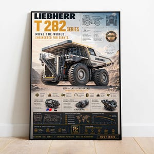 Pode incluir: Um poster emoldurado com um caminhão de mineração Liebherr T 282 Series. O poster inclui o texto "MOVE THE WORLD. ENGINEERED FOR GIANTS." e especificações técnicas. O caminhão é principalmente branco e preto com pneus grandes, em um fundo de paisagem.