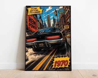 1970 Muskelauto Poster | NYC Comic Pop-Art Wandkunst | Vintage American Muskel Straßenszene Druck