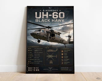 UH-60 Black Hawk Poster | Sikorsky Military Helicopter Blueprint Wall Art | Tactical Aviation Print