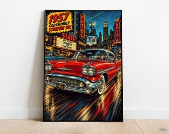 1957 Classic Car Poster | Retro American Cruiser Comic Pop Art Wall Art | Neon City Night Scene Print