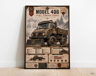 Modell 406 All-Terrain Titan Poster | Militär Geländewagen Blueprint Wandkunst | Extrem 4x4 Fahrzeug Print