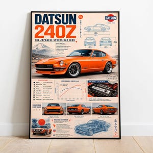 May include: A framed poster featuring a bright orange Datsun 240Z sports car. The design includes technical specifications, engine diagrams, performance charts, and multiple views of the vehicle. Text includes DATSUN 240Z THE JAPANESE SPORTS CAR ICON.