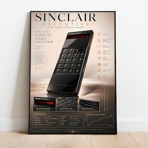 May include: A framed poster featuring the Sinclair Executive pocket calculator. The design includes the text Sinclair Executive, Slim. Smart. Revolutionary., and World's First Slimline Pocket Calculator. It displays technical specifications, a product image, and a graph.