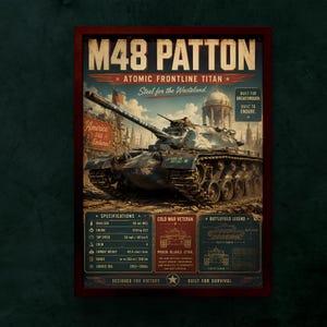 May include: A framed poster featuring an M48 Patton tank with the text M48 PATTON ATOMIC FRONTLINE TITAN. The design includes technical specifications, a battlefield legend diagram, and the phrases Steel for the Wasteland and America Still Endures.