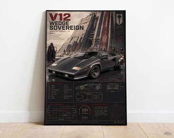 V12 Keil Sovereign Poster | Imperial Desert Supersportwagen Blueprint Wandkunst | Exotischer Sportwagen Print