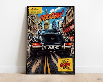 London Vroooom! Poster | Klassischer Britischer Sportwagen Comic Pop Art Wandkunst | Big Ben Straßenszene Druck