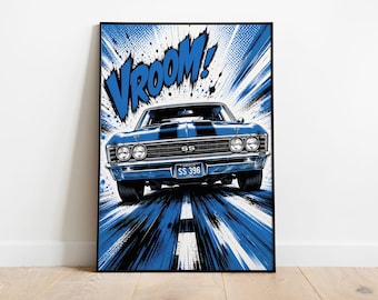 Vroom! Klassisches Muskelauto Poster | Retro Comic Pop-Art Wandkunst | 1967 Amerikanischer Muskeldruck