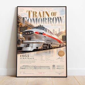 May include: A framed poster titled Train of Tomorrow featuring the 1955 Aerotrain. The silver train with a red stripe is shown at a station. The poster includes technical specifications, a side profile diagram, and a gold seal on a cream background.