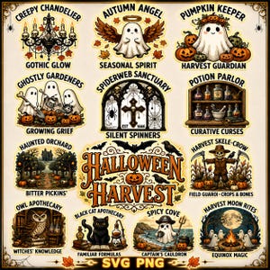May include: A collection of twelve Halloween-themed sticker designs featuring ghosts, pumpkins, a black cat, an owl, and a skeleton. Each illustration includes descriptive text such as Creepy Chandelier, Autumn Angel, and Halloween Harvest.