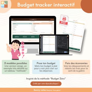 Op de afbeelding: Een interactieve budgettracker weergegeven op een computermonitor en laptop, met een PDF-document. De afbeelding bevat een stripfiguur die een duim omhoog geeft en tekst in het Frans. De tracker is geïnspireerd op de "Budget Zéro" methode.