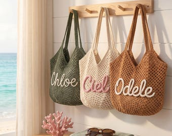 Aangepaste zomerstrandtas voor bruidsmeisjes, gepersonaliseerde gehaakte reistas voor vrijgezellenfeest en vakantie