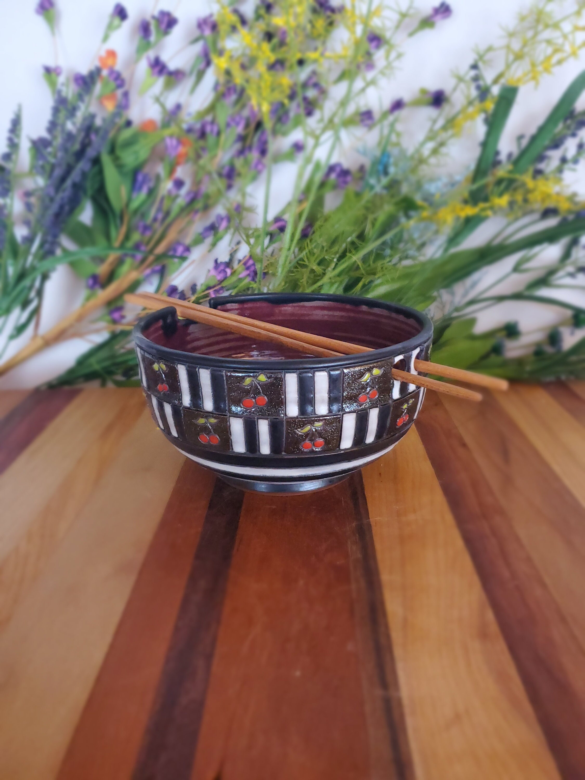 Chopstick Bowl Set of 2 Retro Stripes and Cherry 18 oz Etsy