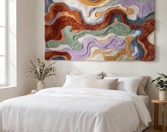 Handmade Tufted Wall Hanging Tapestry Rug Abstract 3D Wave Textured Large Fiber Art Decor