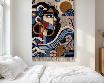 Tapiz de pared hecho a mano, retrato abstracto de mujer, alfombra artística, flor de cerezo, ola