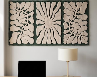 Handmade Wall Hanging Tapestry Rug Green Cream Abstract Botanical Matisse Leaf Art Decor