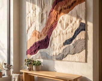 Handmade Wall Hanging Tapestry Rug Abstract Landscape Textural Wool Fiber Art Large Decor