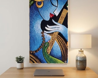 Tapiz abstracto hecho a mano de Krishna con flauta de pluma de pavo real azul, arte textil.