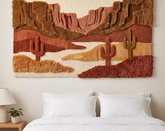 Hand Crafted  3D Desert Landscape Wall Hanging Rug Cactus Tapestry Southwestern Boho Textile