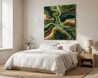 Handmade Moss Wall Hanging Rug 3D Topographical Tapestry Textured Tufted Green Nature Fiber Art