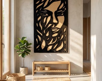 Handmade Wall Hanging Tapestry Rug Abstract Face Art Black Beige Minimalist Room Decor
