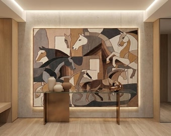 Tapiz de pared hecho a mano con diseño de caballo, alfombra de lana cubista abstracta, gran obra de arte textil moderno.