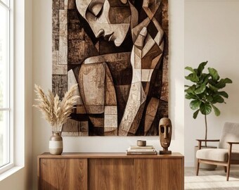 Abstract Face Wall Hanging Rug Hand Crafted Tapestry Cubist Portrait Art Neutral Bedroom Decor