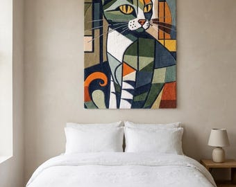 Tapiz de pared tejido a mano con diseño de gato, estilo cubista geométrico abstracto, tapiz textil decorativo.