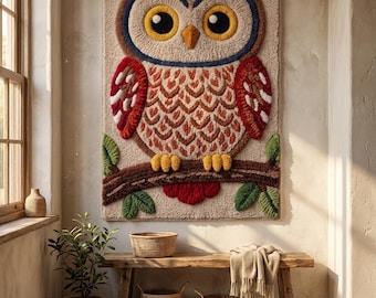 Tapiz de pared con forma de búho hecho a mano, arte animal en fibra, decoración infantil original y divertida.