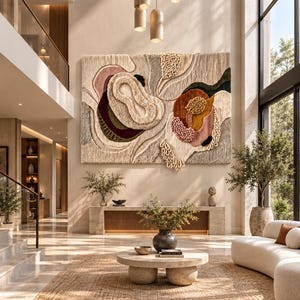 May include: A large rectangular wall hanging featuring a textured, tufted surface with abstract organic shapes in shades of cream, beige, deep burgundy, mustard yellow, and sage green, displayed on a light-colored wall above a console table.