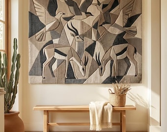 Tapiz abstracto de fibra 3D con diseño de ave gacela tejida a mano para colgar en la pared. Escultura textil artesanal japonesa.