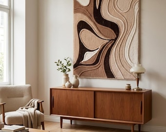 Handmade Wall Hanging Tapestry Rug Abstract 3D Neutral Wave Textured Fiber Art