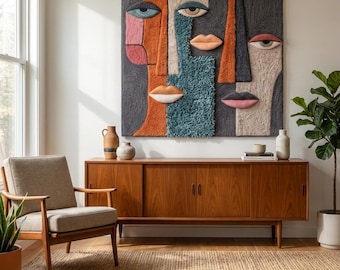 Abstract Face Wall Hanging Rug Hand Crafted Tapestry Cubist Portrait Art Large Textured Carpet