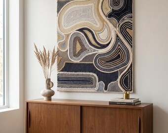 Abstract Tufted Wall Hanging Rug Tapestry Modern Mid Century Textile Art Large Neutral Carpet