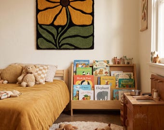 Handmade Wall Hanging Tapestry Rug Flower Retro Mustard Yellow Black Floral Art Decor