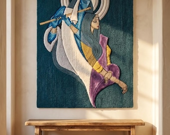 Tapiz de lana hecho a mano de Radha Krishna para colgar en la pared, decoración espiritual india para el hogar.