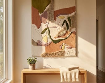 Handmade Wall Hanging Tapestry Rug Abstract 3D Textured Art Fiber Moss Green Terracotta