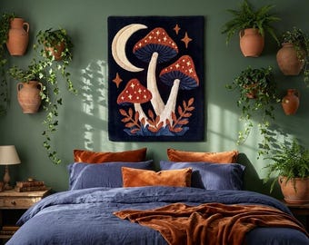 Tapiz de pared con forma de hongo hecho a mano, tapiz con fases lunares celestiales, decoración rústica y original.