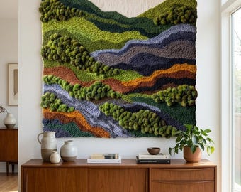 Tapiz de musgo con textura de montaña y naturaleza en 3D, hecho a mano para colgar en la pared.