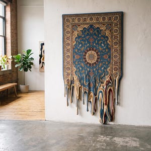 May include: A rectangular wall-mounted rug featuring a traditional blue, cream, and red floral medallion pattern. The bottom edge of the rug is designed with a unique dripping effect, where the fabric appears to melt down the white wall surface.