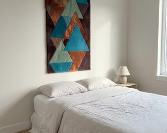 Handmade Wall Hanging Tapestry Rug Geometric Abstract Art Teal Brown Textured Fluffy Decor
