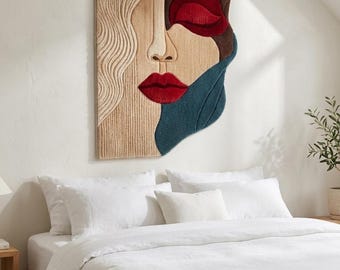Hand Made Picasso Face Rug Wall Hanging: Cubist Abstract Fiber Art Tapestry