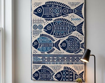 Tapiz de pared hecho a mano con diseño abstracto de peces, arte mural costero, decoración náutica para habitaciones.