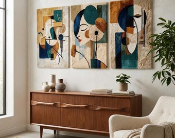 Abstract Portrait Wall Hanging Rug Modern Tufted Tapestry Triptych Textile Art Boho Home Decor