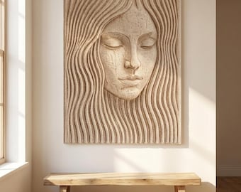 Handmade Tufted Wall Hanging Rug Woman Face Art Textured Wavy Tapestry Beige Boho Decor