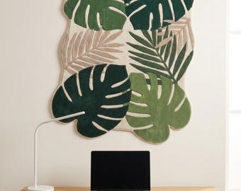 Handmade Monstera Leaf Wall Hanging Rug Tropical Plant Tapestry Green Botanical Home Decor