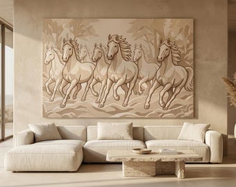 Tapiz de pared hecho a mano con 7 caballos, estilo suroeste, en tonos neutros y tierra, de fibra de lana.