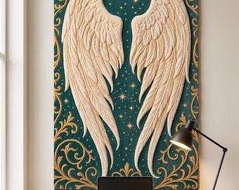 Alfombra de pared con alas de ángel hechas a mano, tapiz estrellado en color turquesa y dorado, alfombra suave personalizada