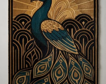 Tapiz de pared Art Déco hecho a mano con forma de pavo real, decoración de pared de fibra con aves grandes.