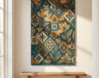 Tapiz de pared artesanal con arte botánico floral en tonos verde azulado y dorado, estilo bohemio.